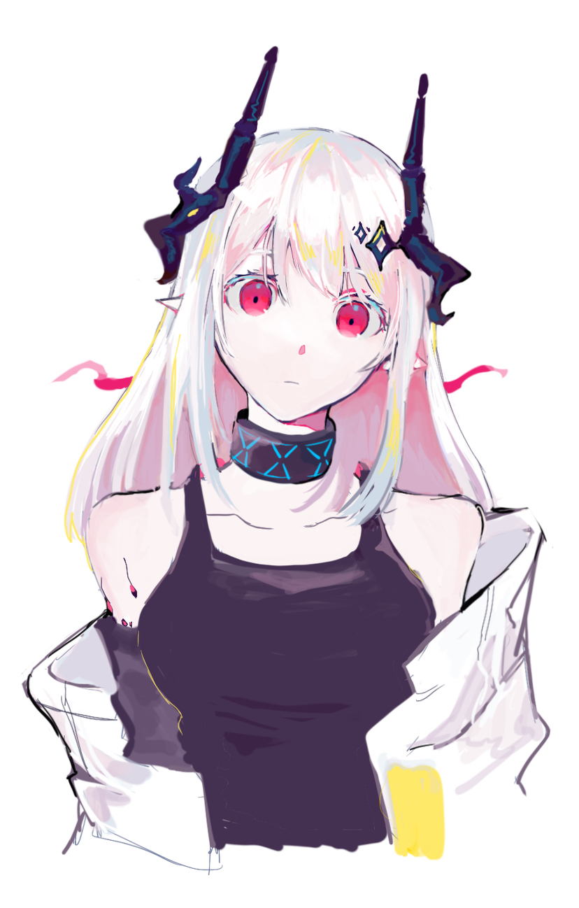 1girl arknights bare_shoulders black_horns black_tank_top blonde_hair boker_trcx closed_mouth colorized commentary cropped_torso expressionless highres horns infection_monitor_(arknights) long_hair material_growth mudrock_(arknights) mudrock_(elite_ii)_(arknights) multicolored_hair off_shoulder oripathy_lesion_(arknights) pink_eyes pointy_ears simple_background sleeveless solo staring streaked_hair tank_top white_background white_hair