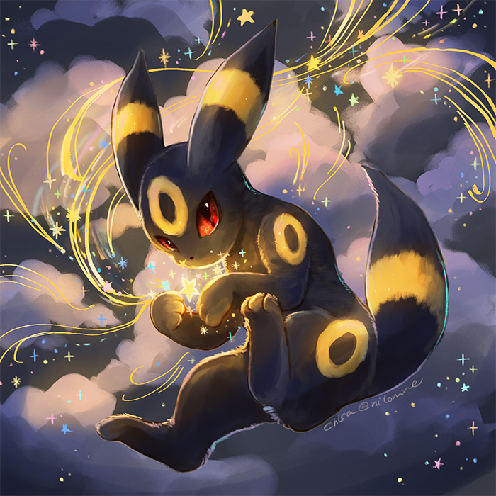 animal animal_focus cloud colored_sclera gen_2_pokemon momomo12 nilomne nintendo no_humans pokemon pokemon_(creature) red_eyes red_sclera solo umbreon