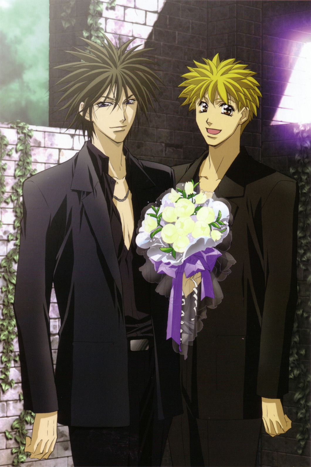2boys amano_ginji black_hair blonde_hair bouquet brown_eyes flower getbackers highres male_focus midou_ban multiple_boys nakajima_atsuko purple_eyes