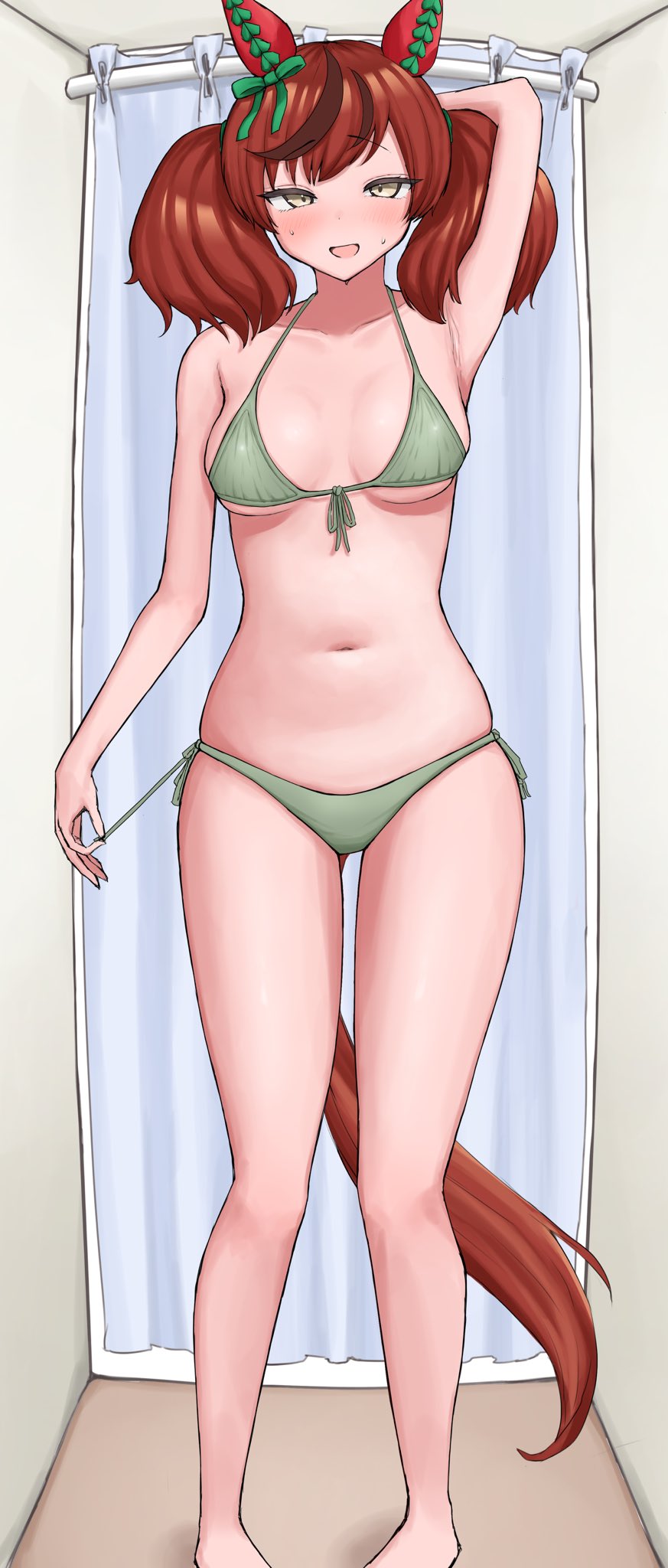 1girl animal_ears arm_up armpits barefoot bikini breasts brown_eyes collarbone commentary_request curtains embarrassed green_bikini hair_between_eyes hair_ornament half-closed_eyes highres horse_ears horse_girl horse_tail looking_at_viewer medium_breasts medium_hair navel nervous_sweating nice_nature_(umamusume) pigeon-toed side-tie_bikini_bottom skindentation solo stomach string_pull sukenoha sweat swimsuit tail twintails umamusume