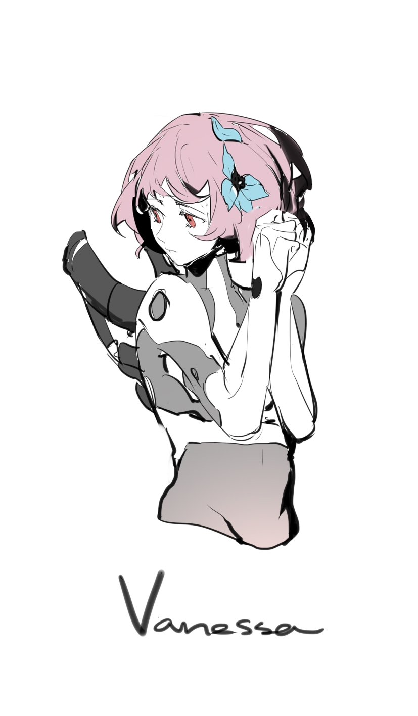 1girl black_bodysuit blue_flower bodysuit character_name cowboy_shot cytus cytus_ii flower hair_flower hair_ornament highres interlocked_fingers lobelia_(saclia) looking_to_the_side mechanical_arms navel orange_eyes own_hands_clasped own_hands_together petal_on_head pink_hair short_hair simple_background solo vanessa_(cytus) weapon weapon_on_back white_background