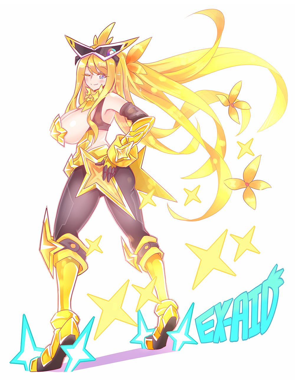 1girl armor ass black_leggings black_shirt blonde_hair blue_eyes boots breasts breasts_out ditienan_ddn eyewear_on_head flower from_behind gold_armor gold_boots gold_gloves hair_ribbon hand_on_own_hip highres kamen_rider kamen_rider_ex-aid kamen_rider_ex-aid_(hyper_muteki) kamen_rider_ex-aid_(series) large_breasts leggings long_hair looking_at_viewer looking_back muteki_gamer one_eye_closed pasties personification ribbon rider-tan shirt smile sparkle standing sunglasses sunglasses_on_head tank_top twintails white_background wink yellow_ribbon
