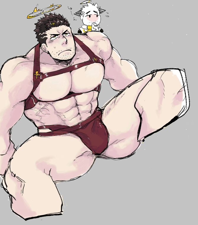 1boy abs bad_id bad_pixiv_id bara bare_pectorals blush brown_male_swimwear bulge chest_harness chibi chibi_inset cropped_legs facial_hair fire flaming_halo frown halo harness large_pectorals male_focus male_swimwear mature_male muscular muscular_male navel nipples official_alternate_costume pectoral_lift pectorals po_fu revealing_clothes short_hair sideburns spread_legs stomach stubble swim_briefs thick_thighs thighs tokyo_houkago_summoners underbust unfinished zabaniyya_(fashionista_swimsuit)_(housamo) zabaniyya_(housamo)