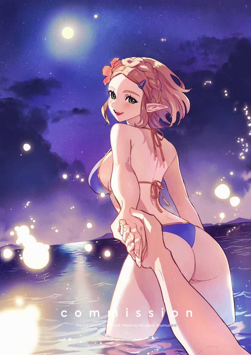 1girl 1other ass bikini blonde_hair blue_bikini braid breasts cloud cloudy_sky commentary commission crown_braid flower from_behind hair_flower hair_ornament hairclip holding_hands looking_at_viewer night nintendo pointy_ears pov princess_zelda sky star_(sky) starry_sky sumustard swimsuit the_legend_of_zelda the_legend_of_zelda:_tears_of_the_kingdom wading water