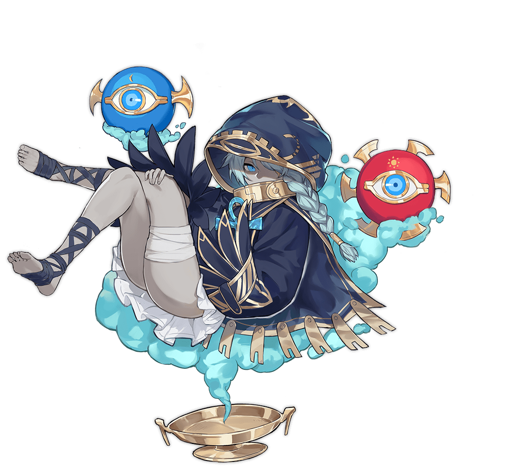 1girl ankh ark_order bandaged_leg bandages black_coat black_ribbon blue_eyes blue_hair braid cloud coat colored_skin eye_print full_body gold_trim grey_skin holding hood hooded_coat horus_(ark_order) kzhu leg_ribbon long_sleeves looking_at_viewer lying official_art on_back ribbon sidelocks single_braid sleeves_past_fingers sleeves_past_wrists solo tachi-e third_eye transparent_background