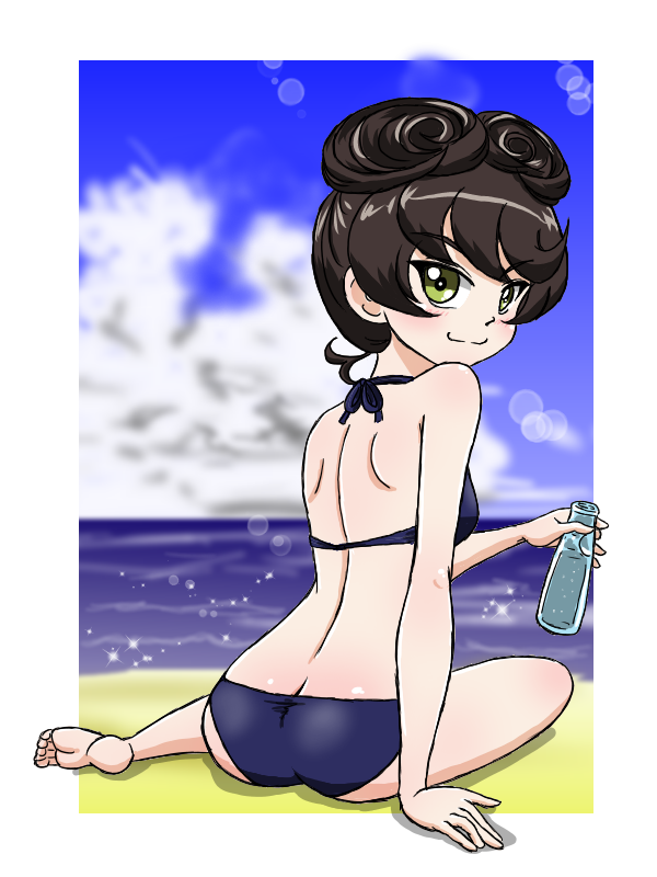 1girl alternate_costume bare_back beach bikini blue_bikini blue_sky blush bottle breasts brown_hair double_bun from_behind girls_und_panzer green_eyes hair_bun holding holding_bottle hosomi_shizuko looking_at_viewer on_ground sand sky smile swimsuit takahashi_kurage