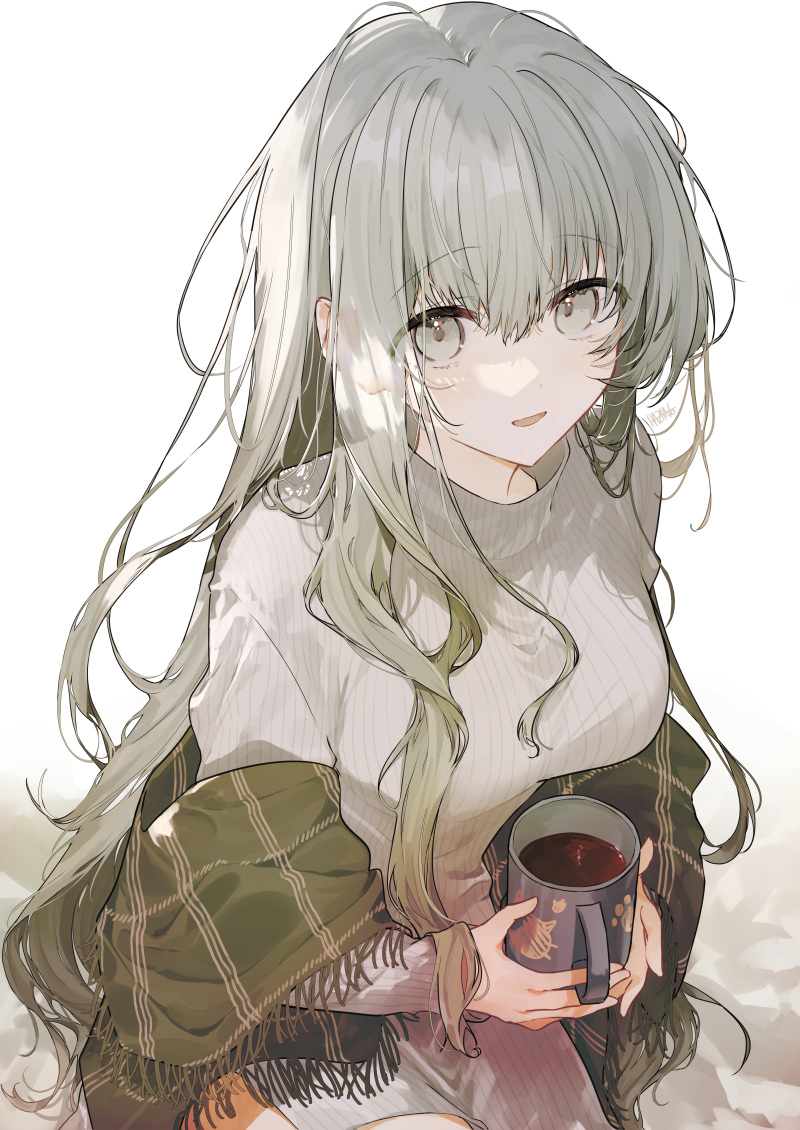 1girl :d blush breasts coffee_mug commentary_request cup dress gradient_hair green_hair green_shawl grey_eyes grey_hair hair_between_eyes holding holding_cup kazutake_hazano long_hair medium_breasts mug multicolored_hair open_mouth original plaid_clothes plaid_shawl shawl simple_background sitting smile solo sweater sweater_dress turtleneck turtleneck_sweater very_long_hair white_background