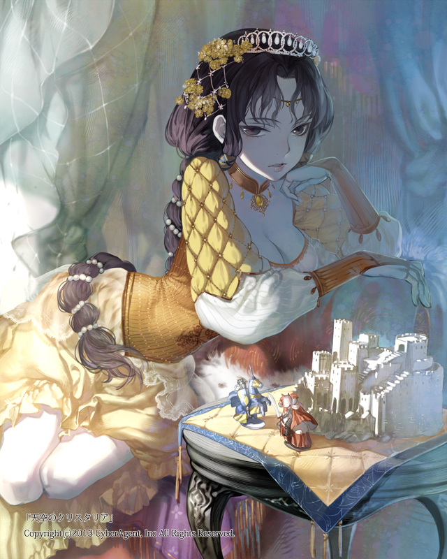 1girl beads braid breasts brown_eyes brown_hair castle chair cleavage couch curtains dress female_focus figure hair_beads hair_ornament head_rest headdress horse jewelry long_hair looking_at_viewer lots_of_jewelry model_building patterned_upholstery quilted red_upholstery sheer_curtains solo table tenkuu_no_crystalia ushi_(newrein) watermark