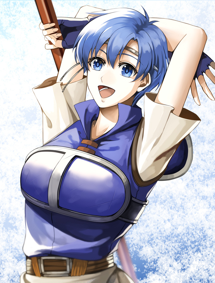 1girl armor blue_armor blue_eyes blue_hair breastplate delsaber fire_emblem fire_emblem:_the_binding_blade headband nintendo open_mouth polearm shanna_(fire_emblem) short_hair shoulder_armor smile weapon