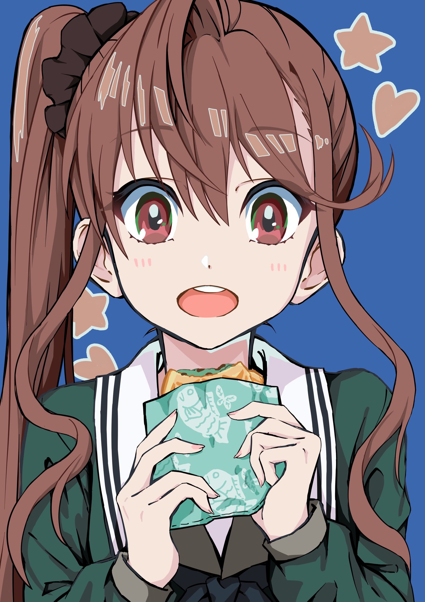 1girl 22/7 black_bow black_bowtie black_scrunchie blue_background bow bowtie brown_eyes brown_hair food green_shirt hair_ornament hair_scrunchie heart high_side_ponytail highres holding holding_food lionmaru0808 long_hair long_sleeves looking_at_viewer open_mouth portrait rokubanchou_school_uniform sailor_collar school_uniform scrunchie serafuku shirt sidelocks solo star_(symbol) taiyaki teeth toda_jun upper_teeth_only wagashi white_sailor_collar winter_uniform