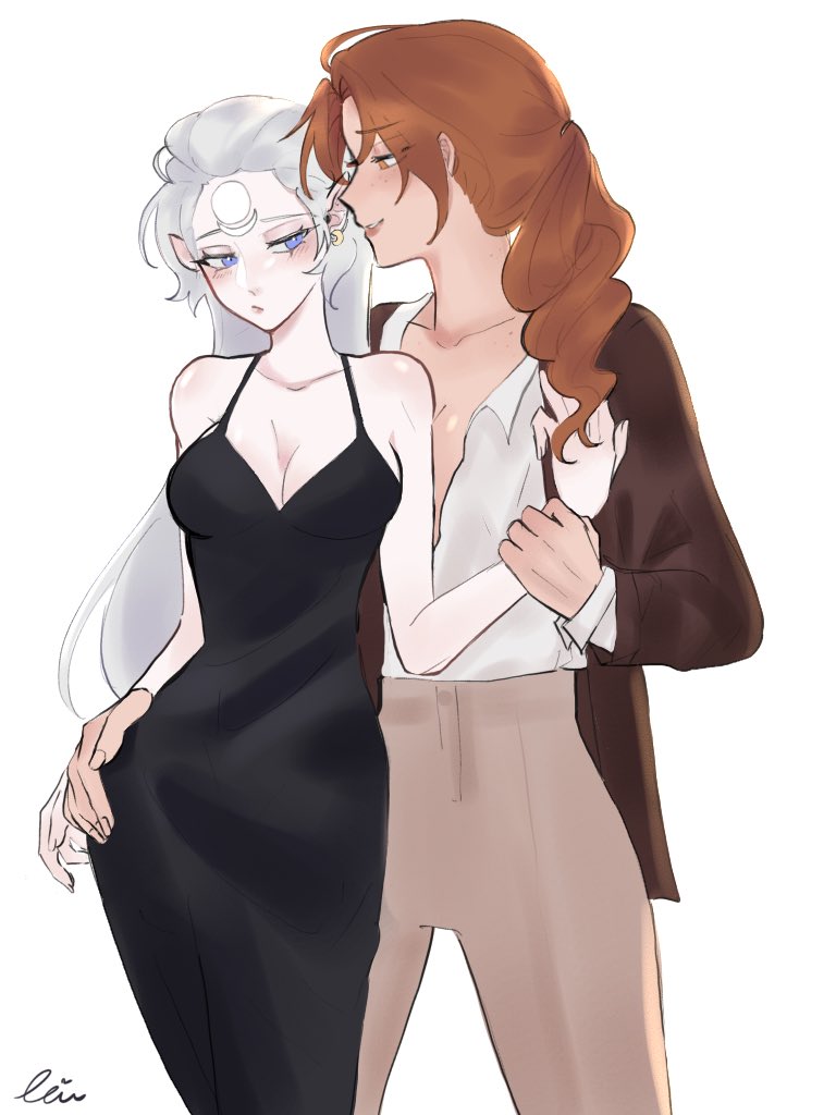 2girls black_dress blue_eyes breasts brown_pants cleavage closed_mouth collared_shirt commentary diana_(league_of_legends) dress hand_on_another&#039;s_hip holding_another&#039;s_wrist large_breasts league_of_legends leona_(league_of_legends) long_hair multiple_girls open_clothes open_shirt orange_eyes orange_hair pants piuuu_(piuulol) pointy_ears ponytail shirt simple_background smile white_background white_shirt yuri