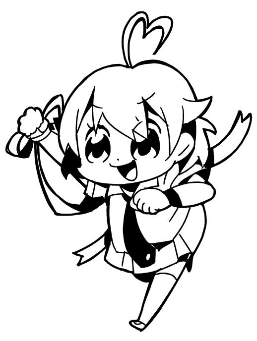 1girl :d ahoge aino_heart arcana_heart arm_up bkub chibi chibi_only collared_shirt full_body greyscale heart heart_ahoge leg_up lineart miniskirt misono_gakuen_school_uniform monochrome necktie open_mouth ribbon running school_uniform shirt short_hair short_sleeves simple_background skirt smile solo thighhighs v-shaped_eyebrows white_background wrist_ribbon zettai_ryouiki