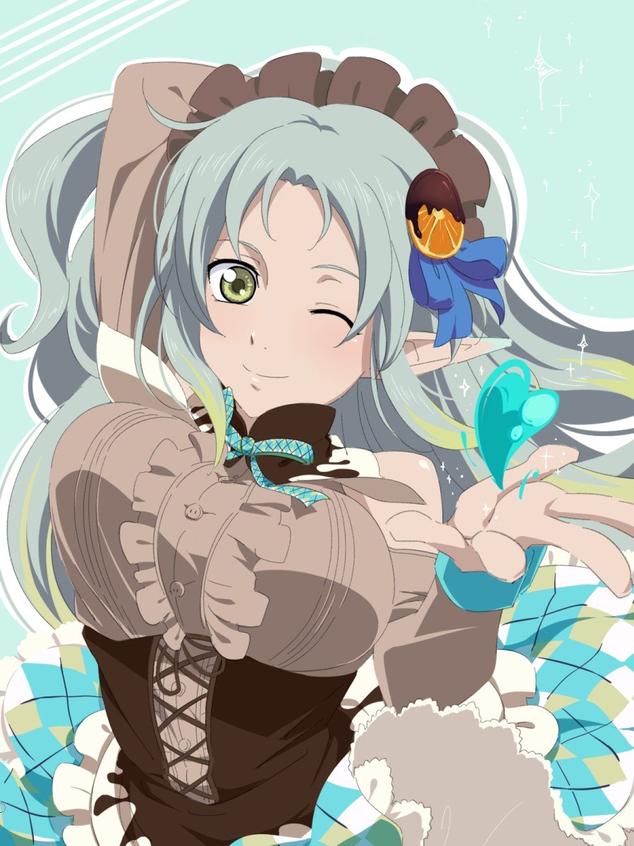 1girl ;) arm_up blue_background blue_bow blue_ribbon bouncing_breasts bow breasts dress_shirt floating_hair green_eyes grey_shirt hair_bow long_hair long_sleeves maid_headdress medium_breasts muzet_(tales) neck_ribbon one_eye_closed pochi-a pointy_ears ribbon shirt silver_hair sketch smile solo tales_of_(series) tales_of_xillia underbust upper_body very_long_hair