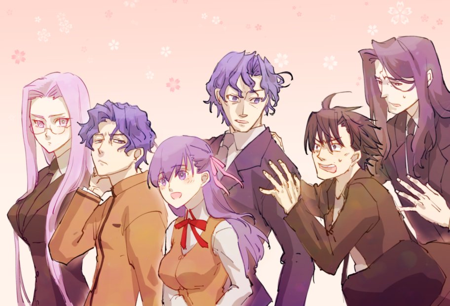 2girls 4boys ahoge alternate_universe berserker_(fate/zero) black_hair blue_eyes blue_hair brother_and_sister fate/stay_night fate_(series) father_and_son formal_clothes gakuran glasses hair_ribbon homurabara_academy_school_uniform ichira-san long_hair matou_byakuya matou_kariya matou_kariya_(original_appearance) matou_sakura matou_shinji medusa_(fate) medusa_(rider)_(fate) multiple_boys multiple_girls purple_eyes purple_hair ribbon school_uniform short_hair siblings spoilers suit time_paradox very_long_hair wavy_hair