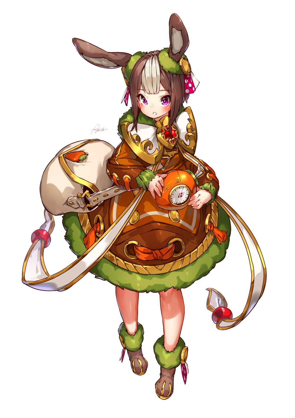 1girl :o animal_ears ankle_boots bad_id bad_twitter_id bag beads blunt_bangs blush boots bow bowtie brown_boots brown_dress brown_hair carrot commentary dress english_commentary female_focus footwear_ribbon full_body fur-trimmed_dress fur_collar fur_trim gauge glint gold_trim green_scrunchie grey_hair hair_ornament hair_ribbon hair_scrunchie highres holding long_sleeves looking_at_viewer medium_hair multicolored_hair original pink_eyes pink_ribbon polka_dot polka_dot_ribbon rabbit_ears rabbit_girl ribbon ryota_(ry_o_ta) scrunchie shoulder_bag sidelocks signature simple_background solo standing streaked_hair white_background white_bow white_bowtie white_ribbon