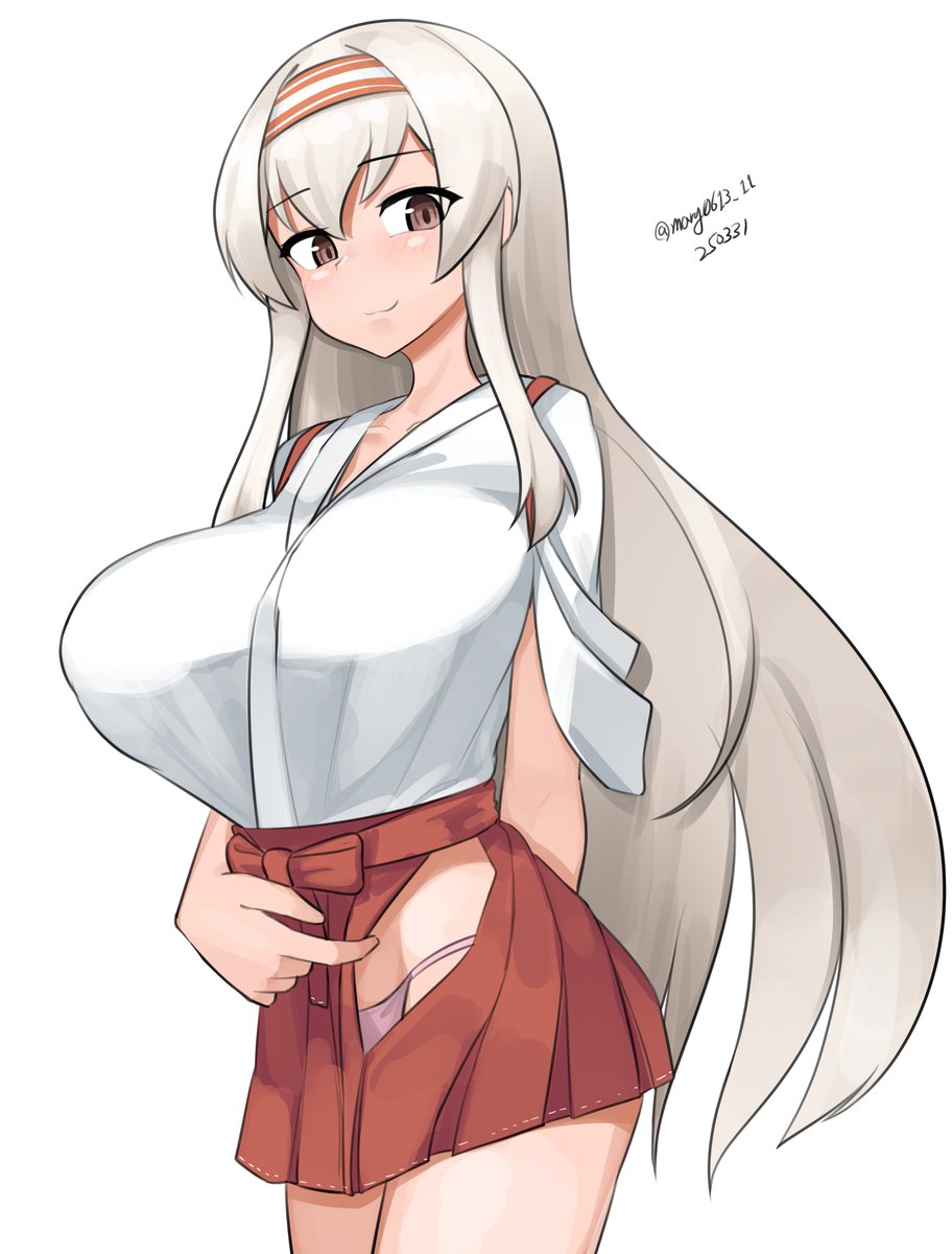 1girl breasts brown_eyes cowboy_shot dated grey_hair hairband hakama hakama_skirt highres hip_vent japanese_clothes kantai_collection kosode large_breasts long_hair maru_(marg0613) one-hour_drawing_challenge panties pink_panties red_hakama red_skirt shoukaku_(kancolle) skirt solo striped_clothes striped_hairband tasuki twitter_username underwear