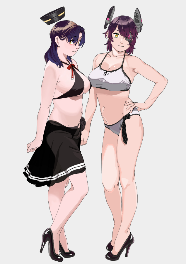 2girls bikini black_bikini black_footwear breasts cleavage closed_mouth commission eyepatch floating_headgear full_body grey_background hair_between_eyes halo hand_on_own_hip headgear high_heels kantai_collection large_breasts looking_at_viewer mechanical_halo medium_hair multiple_girls ojipon purple_hair sarong short_hair simple_background standing swimsuit tatsuta_(kancolle) tatsuta_(swimsuit)_(kancolle) tenryuu_(kancolle) tenryuu_(swimsuit)_(kancolle) white_bikini yellow_eyes