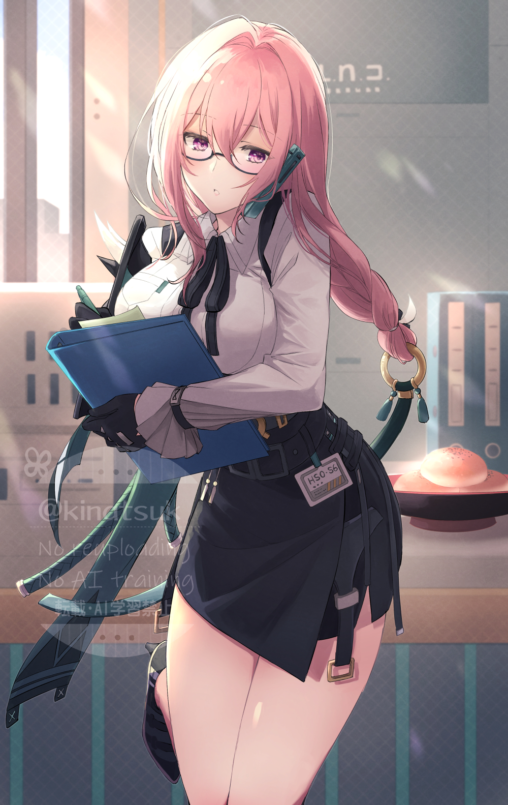 1girl black_footwear black_gloves black_skirt breasts dappled_sunlight desk dress_shirt glasses gloves hair_between_eyes high-waist_skirt high_heels highres holding holding_pen indoors kinatsu_k large_breasts light_blush long_hair looking_to_the_side parted_lips pen pencil_skirt phone pink_eyes pink_hair plate shirt sidelocks skirt solo standing standing_on_one_leg sunlight tsukishiro_yanagi watermark white_shirt window writing zenless_zone_zero