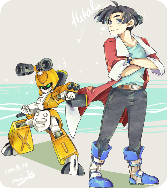1boy agata_hikaru ahoge arm_cannon black_hair blue_eyes crossed_arms humanoid_robot jacket mai_(ma1920) medarot medarot_1 medawatch metabee red_jacket robot short_hair smile watch weapon wristwatch