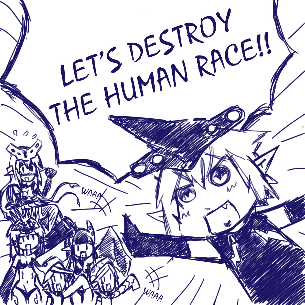 6+girls blush cheering chibi english_text fang helmet knifehead leatherback legendary_pictures monochrome monster_girl multiple_girls mutavore otachi pacific_rim pointy_ears scunner short_hair sketch slattern uverdreams