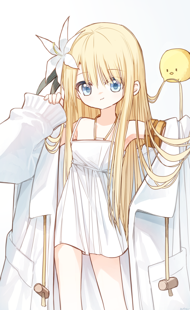 1girl animal bird blonde_hair blue_eyes chick closed_mouth commentary_request dress flower flower_girl_(yuuhagi_(amaretto-no-natsu)) gradient_background grey_background hair_flower hair_ornament hand_up jacket long_hair long_sleeves looking_at_viewer off_shoulder open_clothes open_jacket original pinching_sleeves puffy_long_sleeves puffy_sleeves simple_background sleeveless sleeveless_dress sleeves_past_wrists solo standing very_long_hair white_background white_dress white_flower white_jacket yuuhagi_(amaretto-no-natsu)