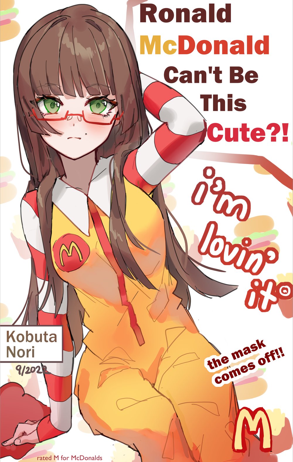 1girl arm_behind_head arm_up blush breasts brown_hair closed_mouth dated english_text feet_out_of_frame genderswap genderswap_(mtf) glasses green_eyes highres jumpsuit kobutanori long_hair long_sleeves looking_at_viewer mcdonald&#039;s medium_breasts mole mole_above_mouth red-framed_eyewear ronald_mcdonald semi-rimless_eyewear sitting sleeves_past_wrists solo under-rim_eyewear very_long_hair white_background yellow_jumpsuit