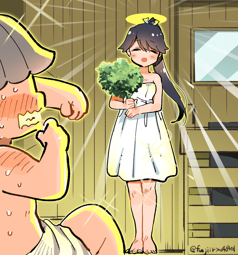 1boy 1girl admiral_(kancolle) alternate_costume black_hair branch closed_eyes dress fujii_rino full_body halo houshou_(kancolle) kantai_collection long_hair naked_towel ponytail sauna smile standing strapless strapless_dress sweat towel twitter_username vihta white_dress