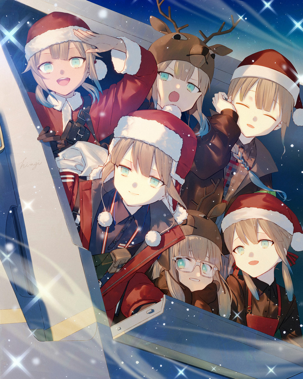 animal_costume antlers aqua_eyes baker_nemo_(fate) baker_nemo_(santa)_(fate) blonde_hair blue_hair blunt_bangs braid captain_nemo_(fate) captain_nemo_(santa)_(fate) christmas closed_eyes collared_shirt down_jacket engineer_nemo_(fate) engineer_nemo_(santa)_(fate) fate/grand_order fate_(series) fur-trimmed_headwear fur_hat fur_trim glasses gloves gradient_hair grin hat highres hiiragi_(karashriker) horns jacket low_twintails marine_nemo_(fate) marine_nemo_(santa)_(fate) multicolored_hair multiple_others nemo_(fate) nurse_nemo_(fate) nurse_nemo_(santa)_(fate) professor_nemo_(fate) professor_nemo_(santa)_(fate) reindeer_antlers reindeer_costume reindeer_hat santa_costume santa_hat shirt signature single_braid smile twintails ushanka