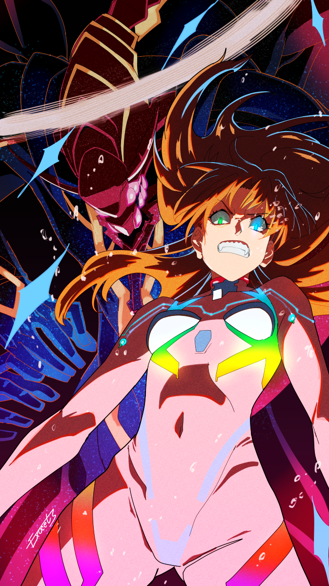 1girl blue_eyes bodysuit breasts brown_hair clenched_teeth curvy eva_02 evangelion:_3.0+1.0_thrice_upon_a_time exocet_(exocet4) eyepatch fangs floating_hair glowing glowing_eyes green_eyes halo heterochromia highres horns interface_headset_(evangelion) long_hair mecha_pilot_suit neon_genesis_evangelion neon_lights plugsuit_(evangelion) rebuild_of_evangelion serious shiny_clothes simple_background skin_tight souryuu_asuka_langley teeth two_side_up very_long_hair white_bodysuit wide_hips