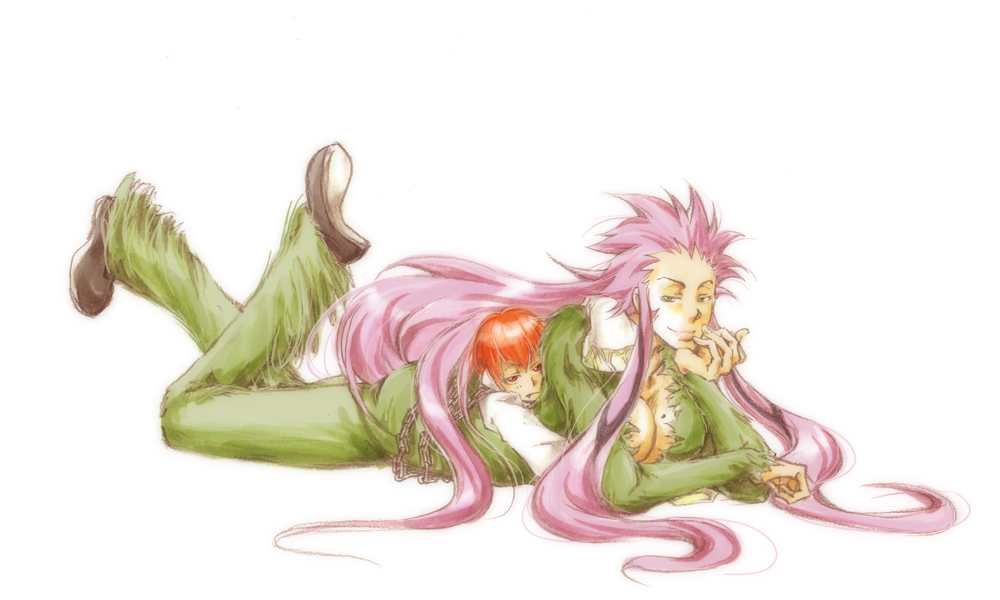 2girls animal_ears bad_id bad_pixiv_id bleach bleach:_zanpakutou_ibun_hen breasts chain cleavage fur green_eyes large_breasts lying multiple_girls purple_hair red_eyes red_hair simple_background tokoma_makoto zabimaru