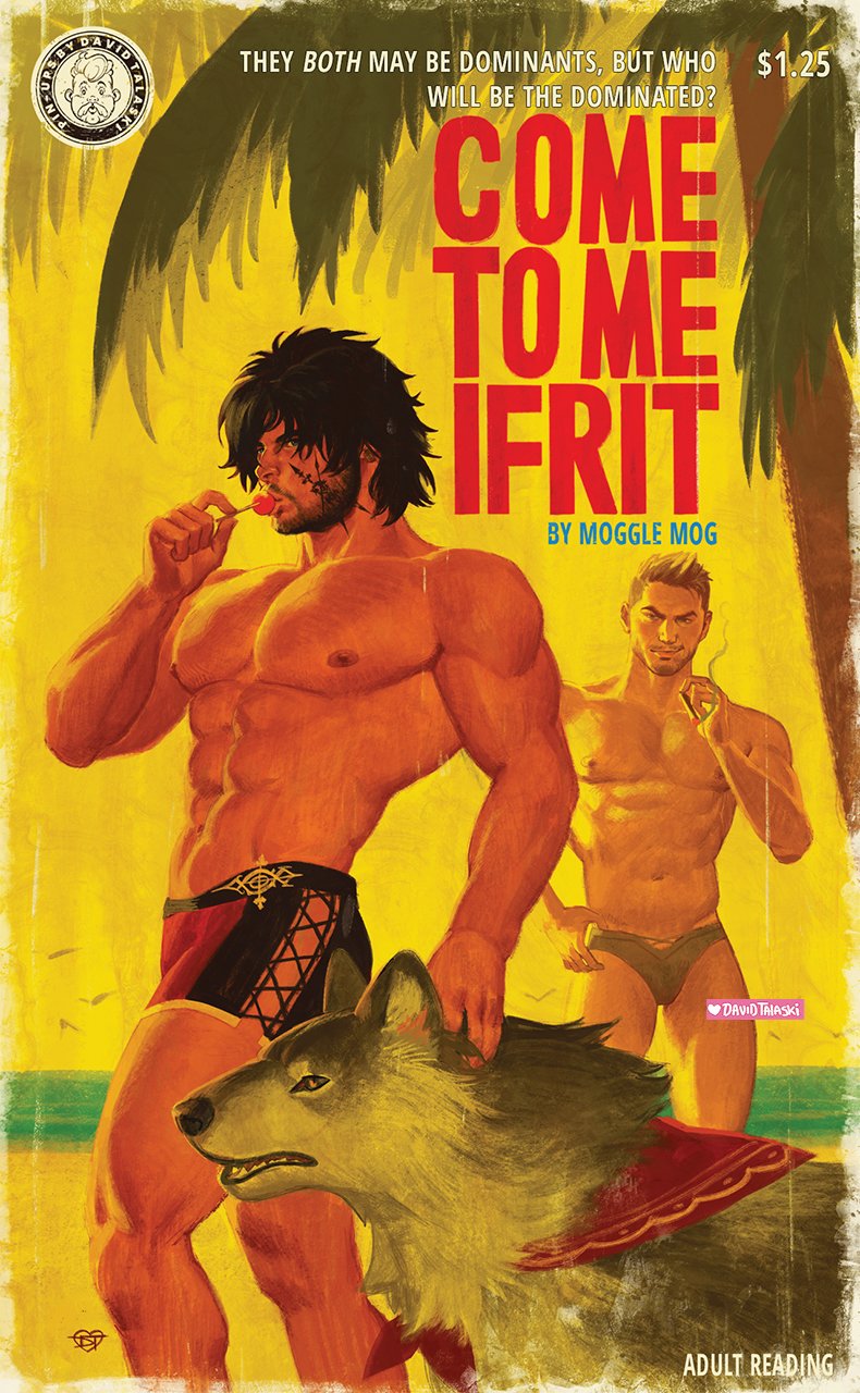 2boys abs bara beach black_male_swimwear candy cidolfus_telamon cigarette clive_rosfield cover david_talaski dog facial_hair facial_mark fake_cover feet_out_of_frame final_fantasy final_fantasy_xvi food hand_on_animal hand_on_own_hip highres holding holding_candy holding_cigarette holding_food holding_lollipop large_pectorals lollipop looking_at_another looking_to_the_side male_focus male_swimwear multiple_boys muscular muscular_male navel nipples palm_tree pectorals price_tag red_male_swimwear signature stubble topless_male torgal_(ff16) tree v-taper yellow_theme
