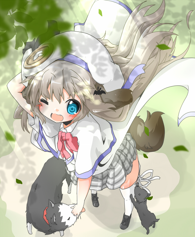 1girl animal_ears belka blue_eyes blush cape dog female_focus grey_hair hat kemonomimi_mode little_busters! long_hair md5_mismatch noumi_kudryavka one_eye_closed open_mouth resolution_mismatch school_uniform solo source_larger soutsuki_naru strelka tail thighhighs wink