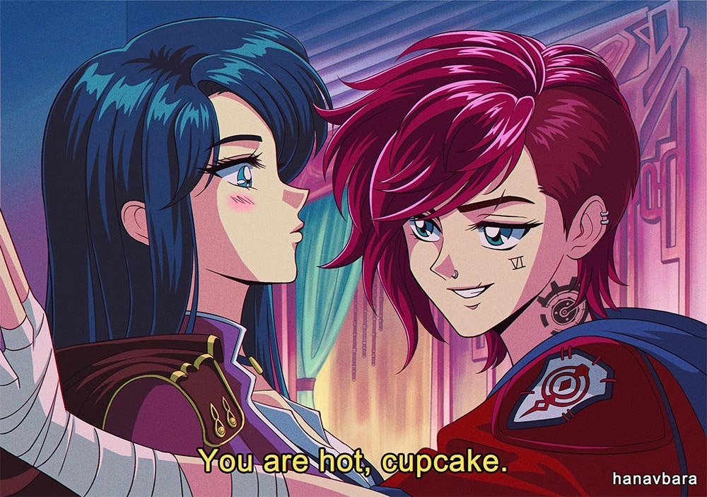 1990s_(style) 2girls arcane:_league_of_legends arcane_caitlyn arcane_vi asymmetrical_hair bandaged_hand bandages blue_eyes blue_hair blush caitlyn_(league_of_legends) commentary ear_piercing face_piercing facial_tattoo hanavbara jacket jinx_(league_of_legends) kabedon league_of_legends long_hair multiple_girls neck_tattoo nose_piercing piercing pink_hair red_jacket retro_artstyle short_hair sidecut smile tattoo undercut vi_(league_of_legends) yuri