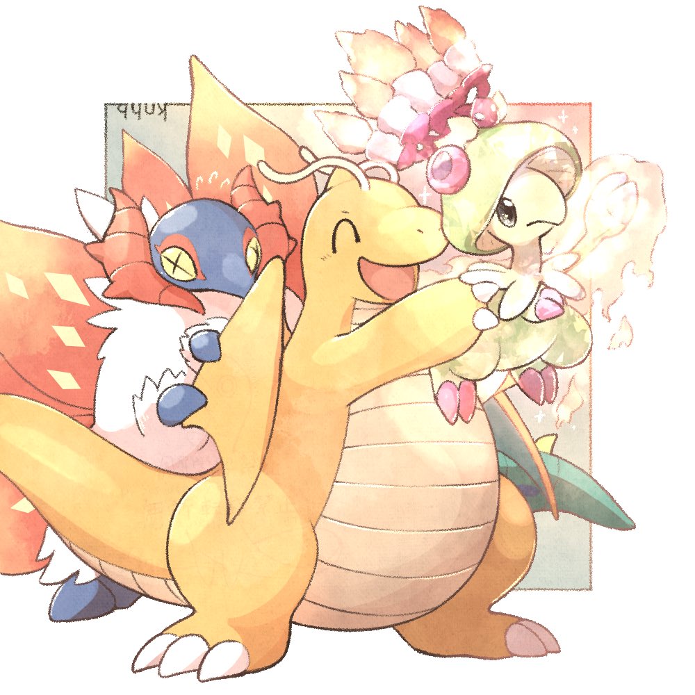 animal_focus border breloom closed_eyes commentary_request dragon dragonite gen_1_pokemon gen_3_pokemon knhb_tail nintendo no_humans outside_border pokemon pokemon_(creature) slither_wing sparkle terastallization white_border white_fur wings yellow_eyes