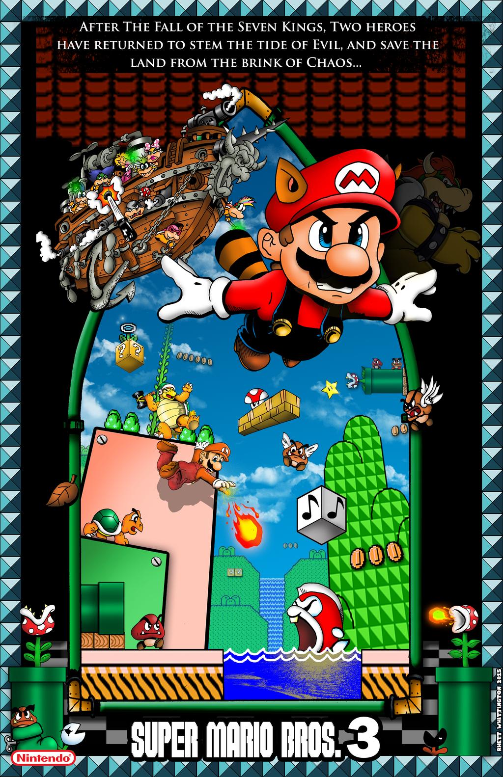 1girl 2boys 6+others aircraft airship anchor angry big_bertha block_(object) blue_sky bound bowser bullet_bill clash claws coins facial_hair fire fire_flower fire_luigi fish flying goomba hammer hammer_bro hat highres horns iggy_koopa koopa_troopa koopalings kuribo&#039;s_shoe larry_koopa lemmy_koopa ludwig_von_koopa luigi male_focus mario mario_(series) morton_koopa_jr. movie_poster multiple_boys multiple_others mushroom mustache nintendo pipe piranha_plant pirate_ship plant princess_peach raccoon_mario raccoon_tail roy_koopa sky sunglasses super_leaf super_mario_bros._3 tail water wendy_o._koopa wings