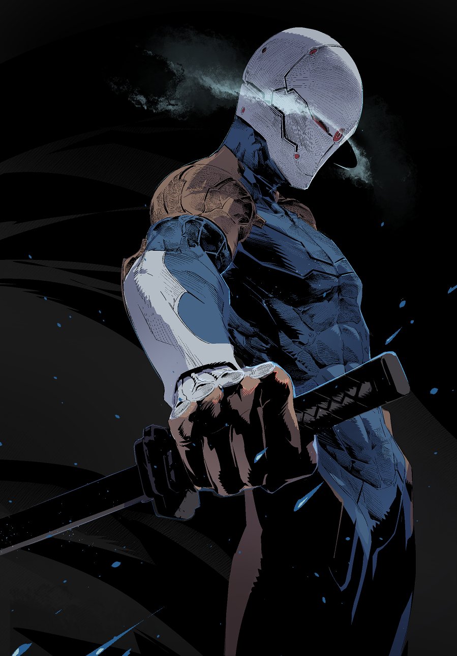 1boy armor bodysuit cofffee cyborg cyborg_ninja gloves gray_fox helmet highres holding holding_sword holding_weapon male_focus mask metal_gear_(series) metal_gear_solid ninja one-eyed reverse_grip science_fiction solo sword weapon
