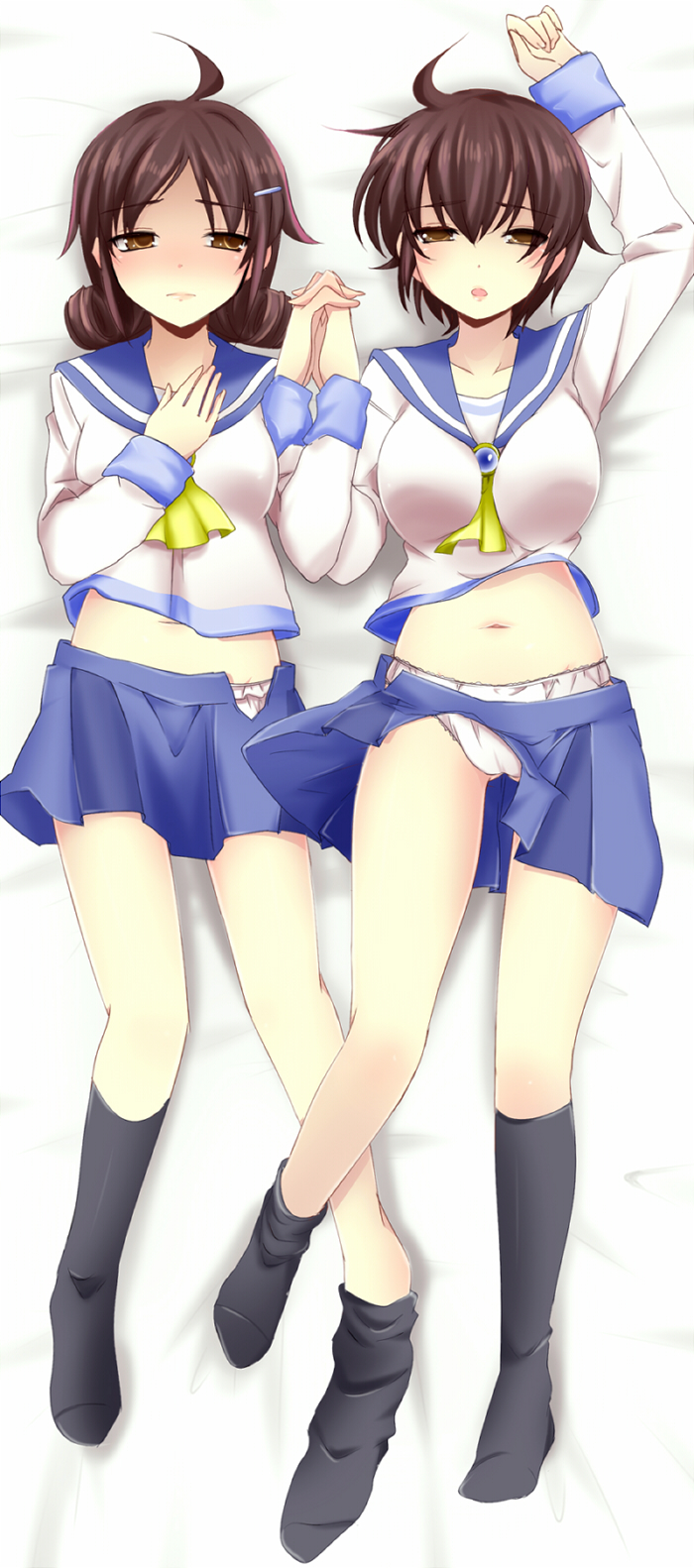 2girls ahoge arm_up b_(kana0816) brown_eyes brown_hair cameltoe corpse_party curly_hair hair_ornament hairpin holding_hands highres long_hair lying multiple_girls nakashima_naomi on_back open_mouth panties school_uniform shinohara_seiko short_hair socks underwear white_panties