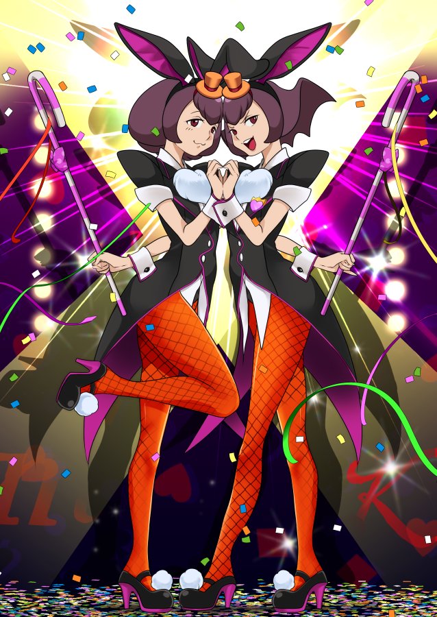 2girls ace_attorney animal_ears betty_de_famme black_coat black_footwear bonny_de_famme brown_hat cane coat coattails commentary_request confetti drop_shadow fake_animal_ears fishnet_pantyhose fishnets full_body hat high_heels holding holding_cane leotard mini_hat multiple_girls pantyhose phoenix_wright:_ace_attorney_-_spirit_of_justice playboy_bunny pncnmmm protected_link purple_hair rabbit_ears red_eyes short_hair siblings sisters spotlight stage_lights tailcoat twins wing-shaped_hair wrist_cuffs