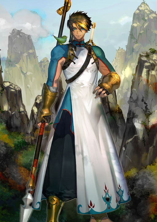 1boy animal animal_on_shoulder araya_(hachino_araya) arm_at_side armor bird bird_on_shoulder black_gloves black_pants blue_eyes bracer brown_hair chinese_clothes closed_mouth clothing_request dark-skinned_male dark_skin facial_scar fate/grand_order fate_(series) feet_out_of_frame fingerless_gloves game_cg gloves gold_armor green_bird hair_between_eyes hand_on_own_hip high_collar holding holding_polearm holding_weapon huang_feihu_(fate) legs_apart long_sleeves looking_at_viewer male_focus multiple_scars official_art pankou pants polearm scar scar_on_cheek scar_on_face scar_on_nose short_hair shoulder_belt side_slit smile solo spear standing third-party_source variant_set weapon weapon_on_back