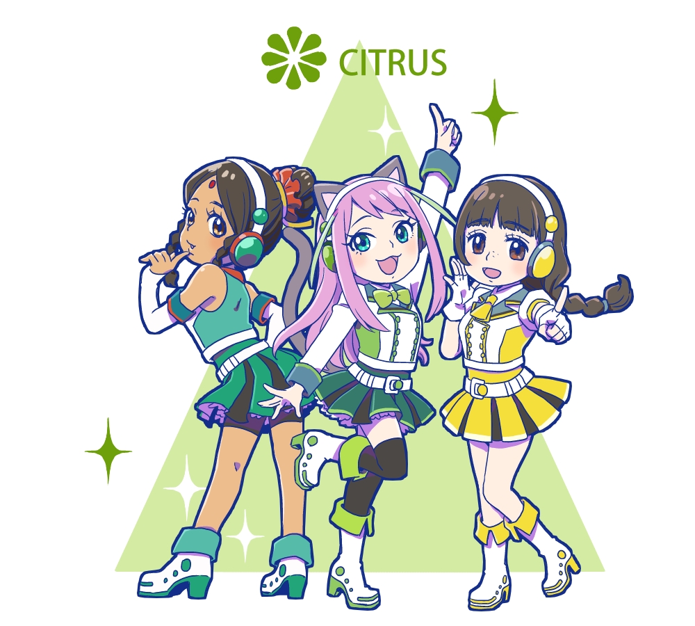 10s 3girls :3 :d animal_ears ankle_boots arm_up back bare_shoulders belt bike_shorts black_hair black_legwear black_shorts blue_eyes blunt_bangs blush boots bow bowtie braid breasts brown_eyes brown_hair buttons cat_ears cat_tail dark-skinned_female dark_skin dayoon_girl detached_sleeves double-breasted eyebrows eyelashes facial_mark finger_to_mouth forehead_mark freckles fukai_(yas_lions) full_body gloves green_bow green_bowtie green_skirt hair_bun hair_ribbon hair_tie hashimoto_nyaa headphones headset high_heel_boots high_heels idol index_finger_raised jacket jyushimatsu&#039;s_girlfriend knees_together_feet_apart leaning_forward leg_up legs_apart long_hair long_sleeves looking_at_viewer matching_outfits medium_breasts microphone miniskirt multicolored_hair multiple_girls necktie open_mouth osomatsu-san osomatsu_(series) outstretched_arm pink_hair pleated_skirt pointing pointing_at_viewer puffy_short_sleeves puffy_sleeves ribbon short_necktie short_sleeves shorts shorts_under_skirt side_braid single_braid single_hair_bun skirt sleeveless smile sparkle standing standing_on_one_leg streaked_hair tail thighhighs triangle twin_braids white_background white_footwear yellow_necktie yellow_ribbon yellow_skirt