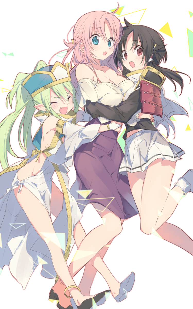 3girls armor black_footwear black_hair blue_hat breasts character_request cleavage closed_eyes collarbone commentary_request copyright_request dress girl_sandwich green_hair hat highres hinotta large_breasts leg_up long_hair megami-ryou_no_ryoubo-kun midriff_peek multiple_girls off-shoulder_shirt off_shoulder open_mouth pink_hair pleated_skirt pointy_ears ponytail purple_dress red_eyes revealing_clothes sandwiched saotome_atena shirt shoulder_armor skirt white_background white_shirt white_skirt