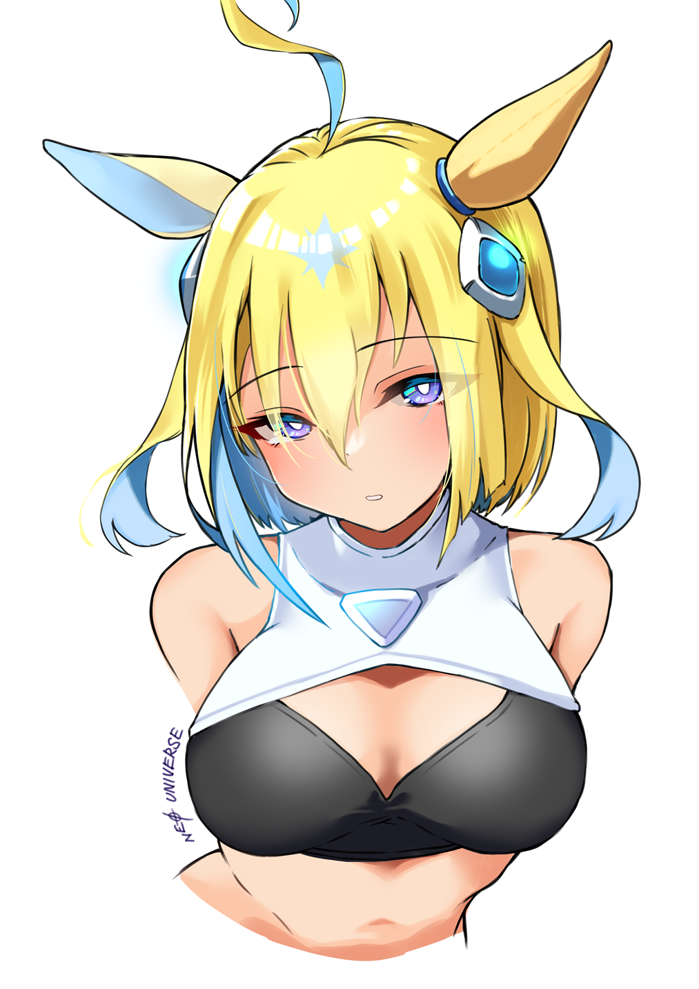 1girl ahoge bare_shoulders blonde_hair blue_eyes blue_hair breasts cleavage colored_inner_hair commentary_request crop_top cropped_torso hair_between_eyes hair_ornament highres komb large_breasts looking_at_viewer midriff multicolored_hair neo_universe_(umamusume) parted_lips short_hair simple_background solo stomach umamusume upper_body white_background