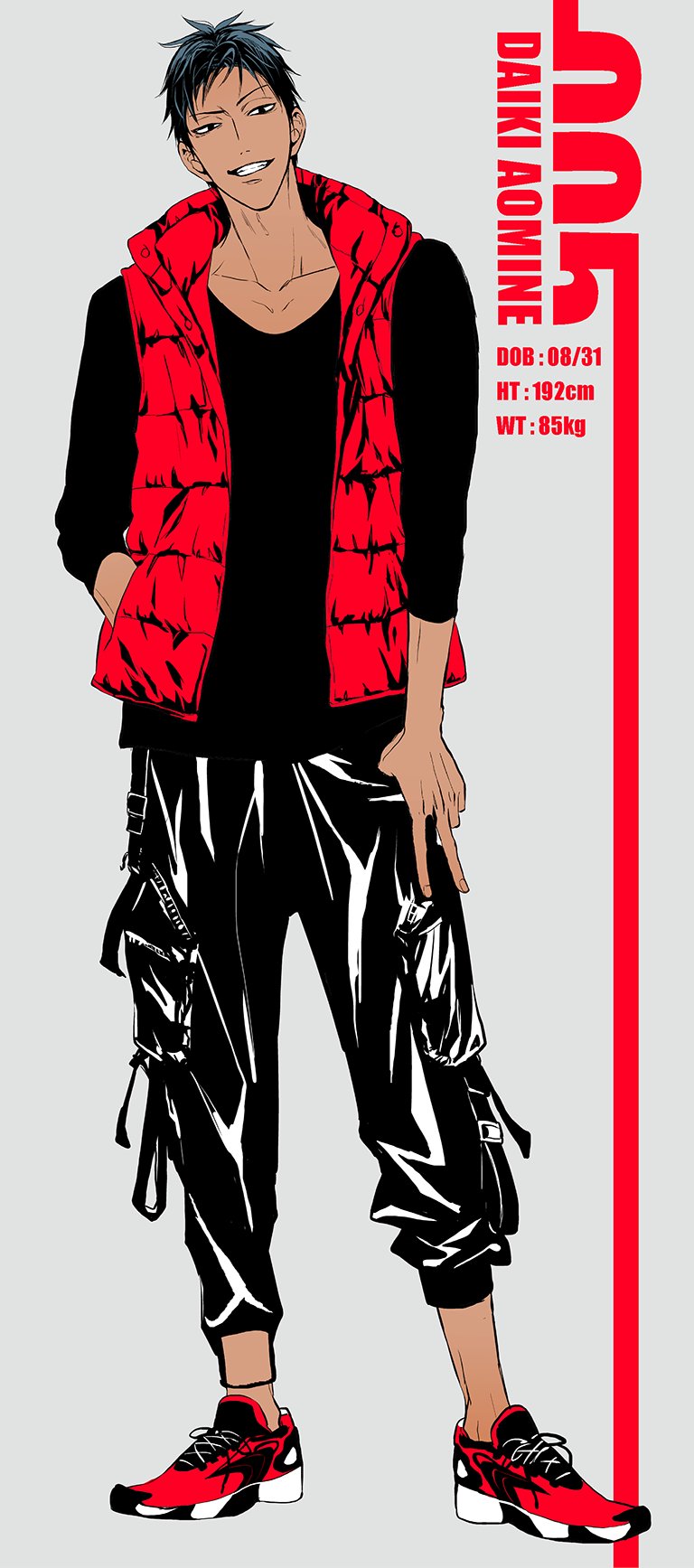 1boy a_jou alternate_costume aomine_daiki black_pants black_shirt blue_hair cargo_pants character_name collarbone commentary_request crew_neck dark-skinned_male dark_skin full_body grin hand_in_pocket highres kuroko_no_basuke looking_at_viewer male_focus multicolored_shoes nike_(company) open_clothes open_vest pants red_vest shiny_clothes shirt shoelaces shoes smile sneakers solo standing teeth thumb_in_pocket vest