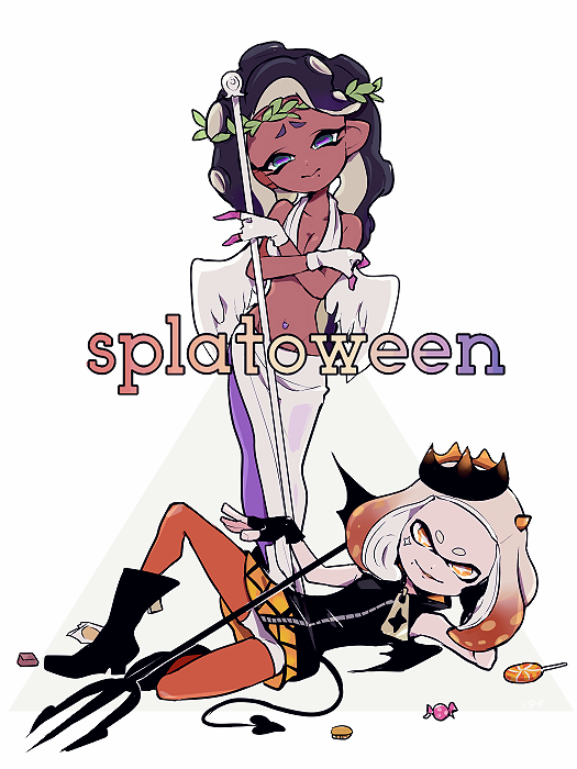 2girls alternate_costume aqua_eyes bare_shoulders black_boots black_crown black_dress black_gloves black_hair black_tail black_wings blonde_hair boots breasts bright_pupils candy cephalopod_eyes cleavage closed_mouth collarbone commentary crop_top cross-shaped_pupils crossed_arms crown dark-skinned_female dark_skin demon_girl demon_horns demon_tail demon_wings dress english_commentary fingerless_gloves food full_body furrowed_brow gloves gradient_hair head_wreath holding holding_staff horizontal_pupils horns imaikuy0 inkling lollipop long_hair long_skirt looking_at_viewer marina_(splatoon) medium_hair midriff mole mole_under_mouth multicolored_hair multiple_girls navel_piercing nintendo octoling orange_eyes orange_hair orange_horns orange_pantyhose pantyhose pantyhose_under_shorts parted_bangs pearl_(splatoon) piercing purple_hair purple_pantyhose purple_pupils shirt shorts shorts_under_dress side_slit skirt sleeveless sleeveless_dress smile splatoon_(series) splatoon_2 staff standing swirl_lollipop symbol-shaped_pupils tail tentacle_hair white_background white_gloves white_pupils white_shirt white_shorts white_skirt white_wings wings