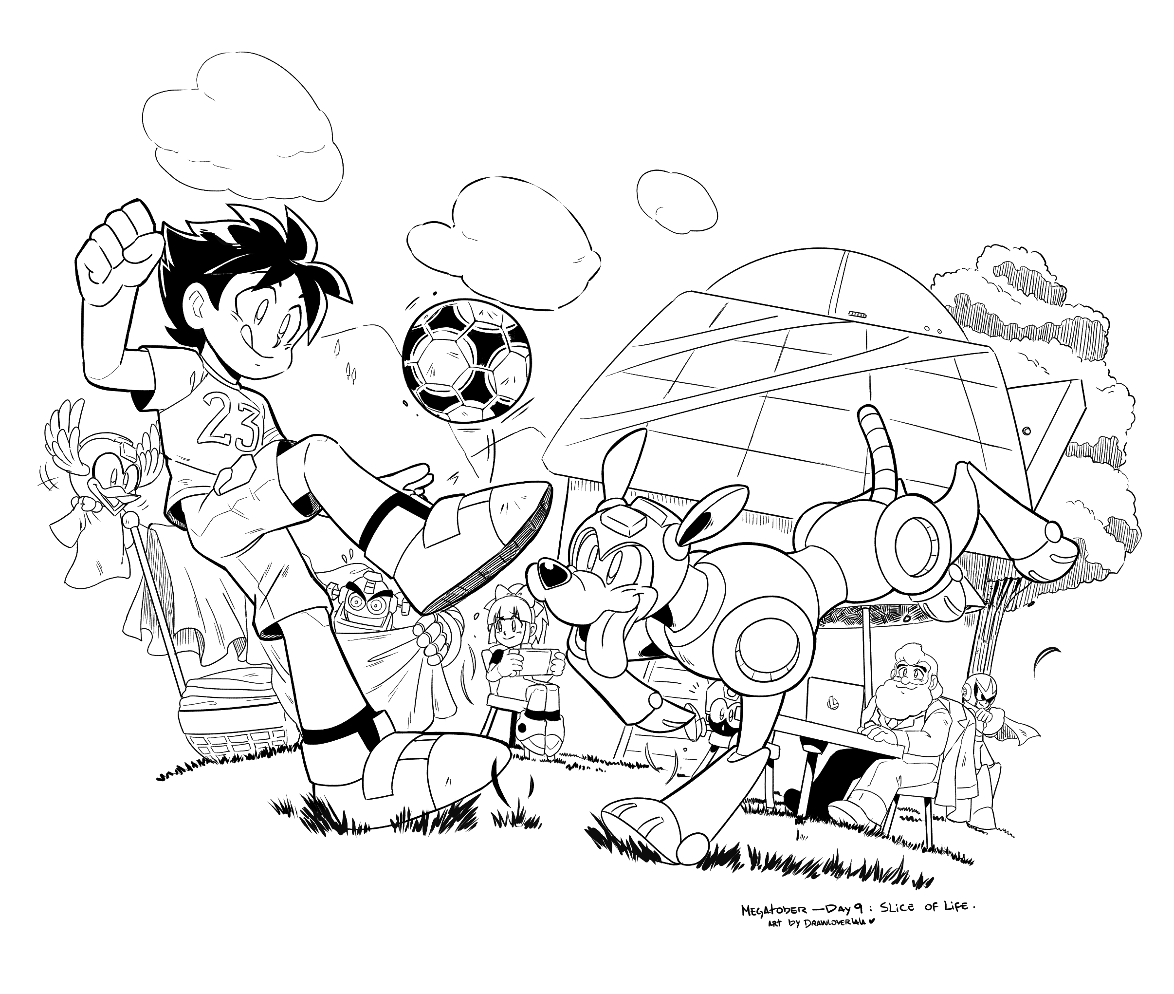 armor auto_(mega_man) ball bare_legs beat_(mega_man) bread capcom child computer dr._light_(mega_man) drawloverlala food formal_clothes garden glass helmet highres laptop laundry laundry_basket legs mega_man_(character) mega_man_(classic) mega_man_(series) mega_man_5 mega_man_8 megan_3 messy_hair nintendo nintendo_switch non-humanoid_robot playing ponytail proto_man robot robot_animal robot_bird robot_boy robot_dog roll_(mega_man) rush_(mega_man) scarf shirt shoes shorts sitting smile soccer soccer_ball socks suit sunglasses tongue tongue_out tree