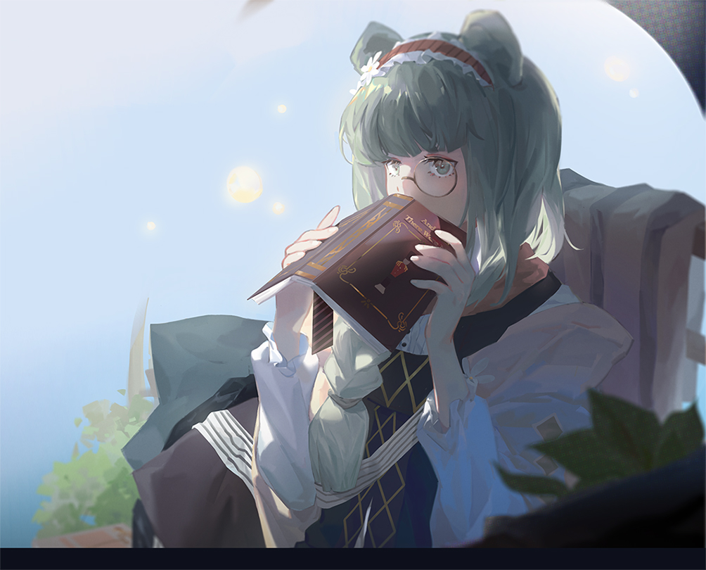 1girl arknights blurry blurry_foreground book braid braided_ponytail bush covering_own_mouth frilled_hairband frills green_eyes green_hair hairband holding holding_book istina_(arknights) istina_(bibliosmia)_(arknights) long_hair long_sleeves looking_at_viewer low_ponytail mie_lu monocle open_book ponytail shawl shirt solo upper_body white_shirt