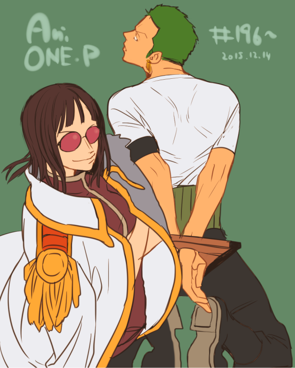 1boy 1girl aohr/atk armband arms_behind_back black_footwear black_hair black_pants blunt_bangs boots character_profile coat coat_on_shoulders copyright_name crossed_arms cuffed dated earrings epaulettes green_background green_hair haramaki jewelry looking_at_viewer medium_hair nico_robin nico_robin_(g-8) one_piece open_clothes open_coat pants profile purple_shirt roronoa_zoro shirt short_hair simple_background smile sunglasses v-shaped_eyebrows white_coat white_shirt