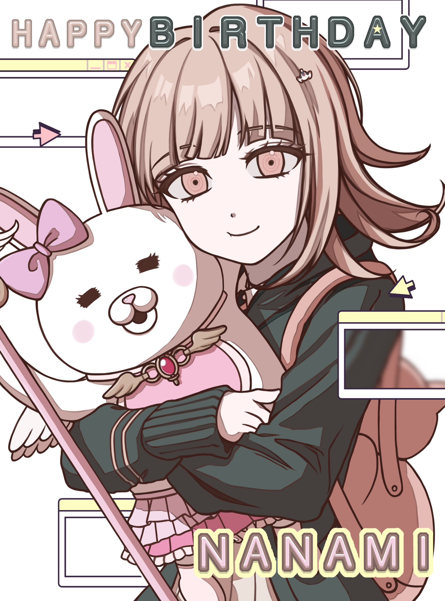 1girl :o animal_bag backpack bag black_jacket bow brown_hair cat_bag character_name collared_shirt danganronpa_(series) danganronpa_2:_goodbye_despair ear_bow flipped_hair hair_ornament happy_birthday highres hug jacket kata_(atptocl) long_sleeves medium_hair nanami_chiaki open_clothes pink_bag pink_bow pink_eyes shirt skirt smile usami_(danganronpa) white_shirt
