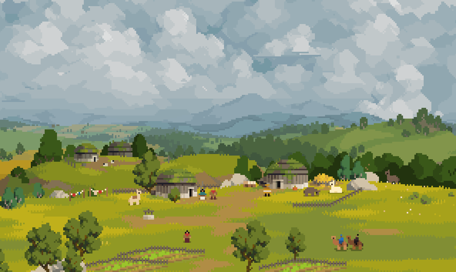 animal building bush camel cloud day field foliage franrekk grass hill horizon house hut landscape llama moss nature no_humans original outdoors people pixel_art scenery sky standing tree