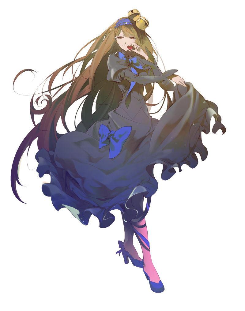 10s 1girl :3 aoki_hagane_no_arpeggio bad_id bad_pixiv_id bell blue_bow bow brown_eyes brown_hair clothes_lift crossed_legs curtsey dress dress_lift female_focus food footwear_bow fruit full_body hair_bell hair_ornament high_heels ise_(aoki_hagane_no_arpeggio) jingle_bell long_hair looking_at_viewer naye pantyhose shoes simple_background skirt_hold solo strawberry very_long_hair watson_cross white_background